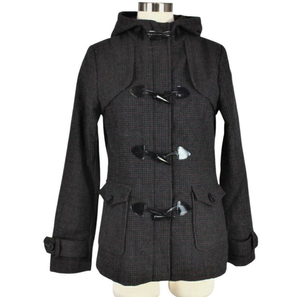 Maralyn & Me Hooded Coat  Zipper Snaps Toggle Buttons Closure Black Plaid Jrs. M